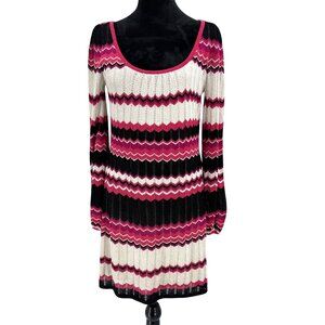 BEBE Metallic Chevron Sweater Dress Size M Pink Balloon Sleeve Knit Y2K Vintage
